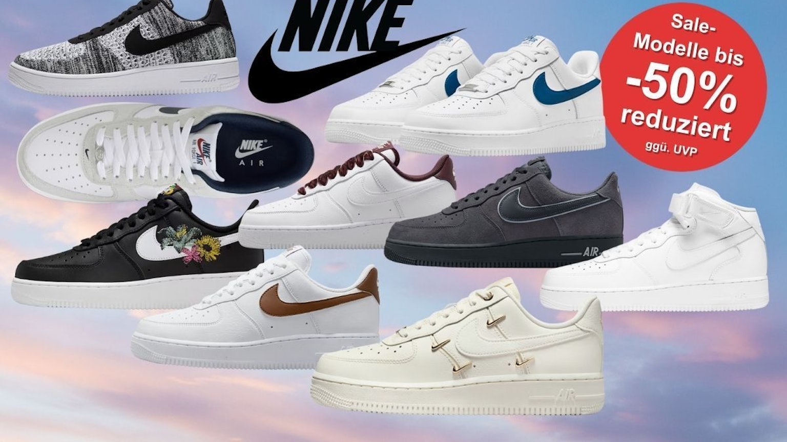 Nike Air Force 1 Sneaker in verschiedenen Farben und Designs vor einem Hintergrund eines Himmels mit Wolken in der Abenddämmerung.