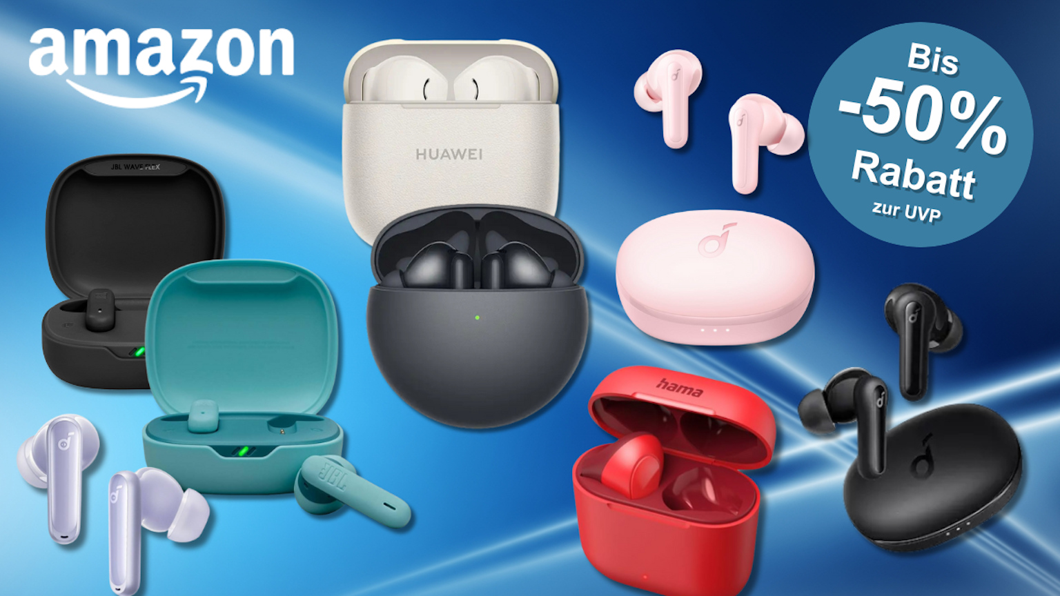 Verschiedene Kopfhörer von JBL, Huawei, Soundcore und Co. vor einem blauen Hintergrundbild.
