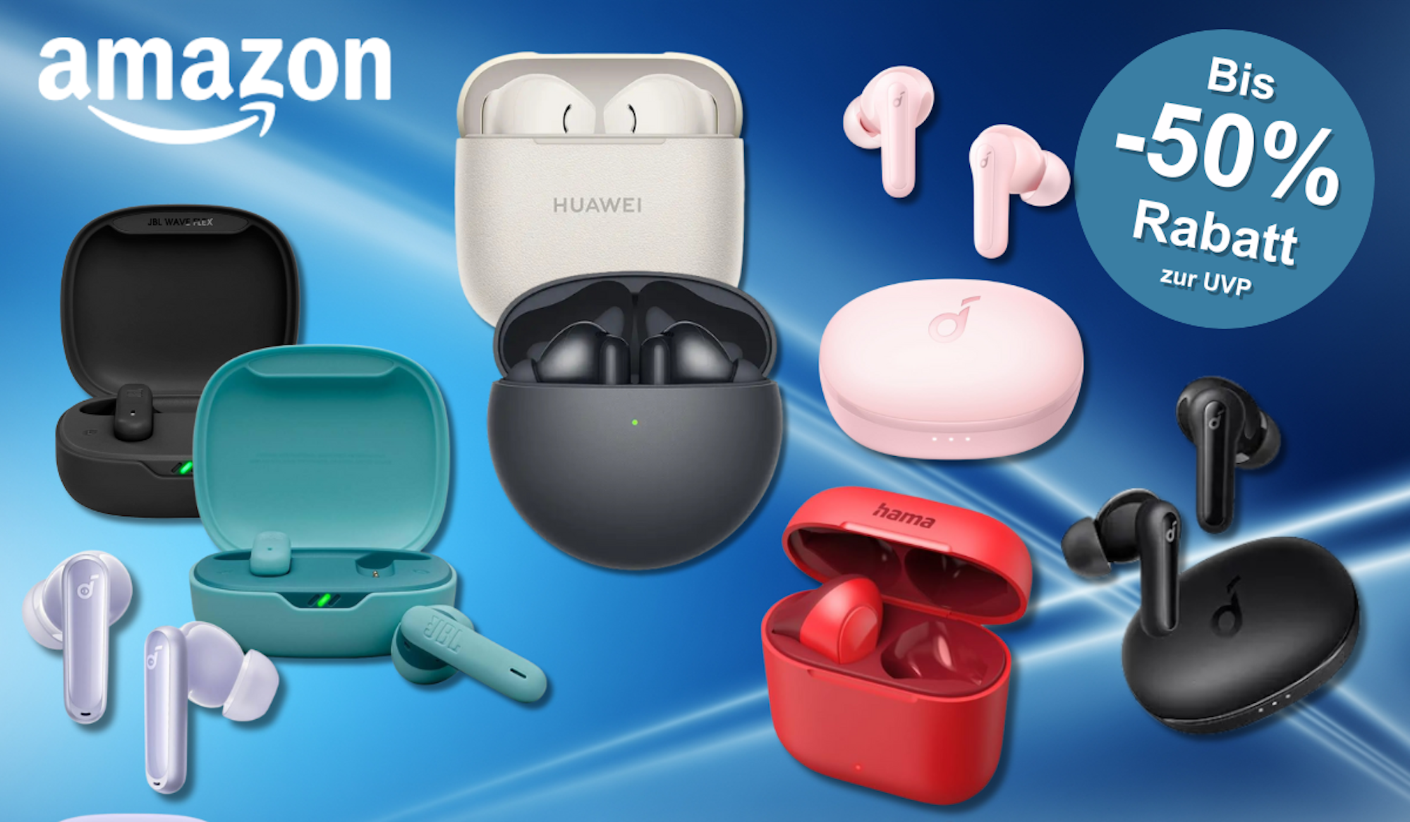 Verschiedene Kopfhörer von JBL, Huawei, Soundcore und Co. vor einem blauen Hintergrundbild.