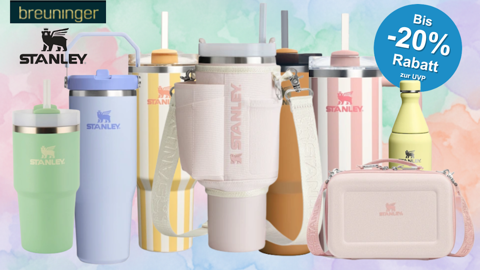 Verschiedenfarbige Stanley Cups mit einer Tragetasche.