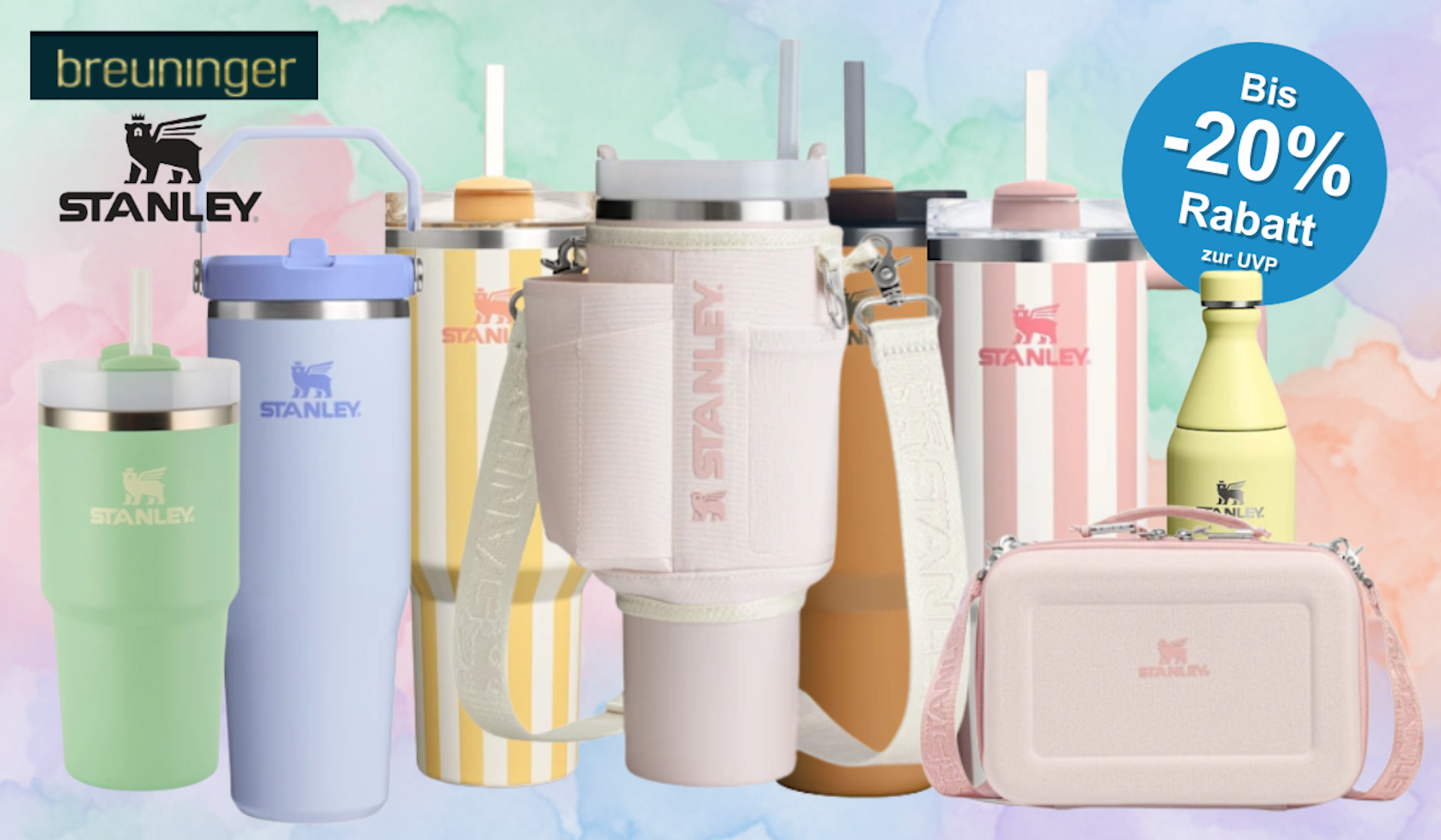 Verschiedenfarbige Stanley Cups mit einer Tragetasche.