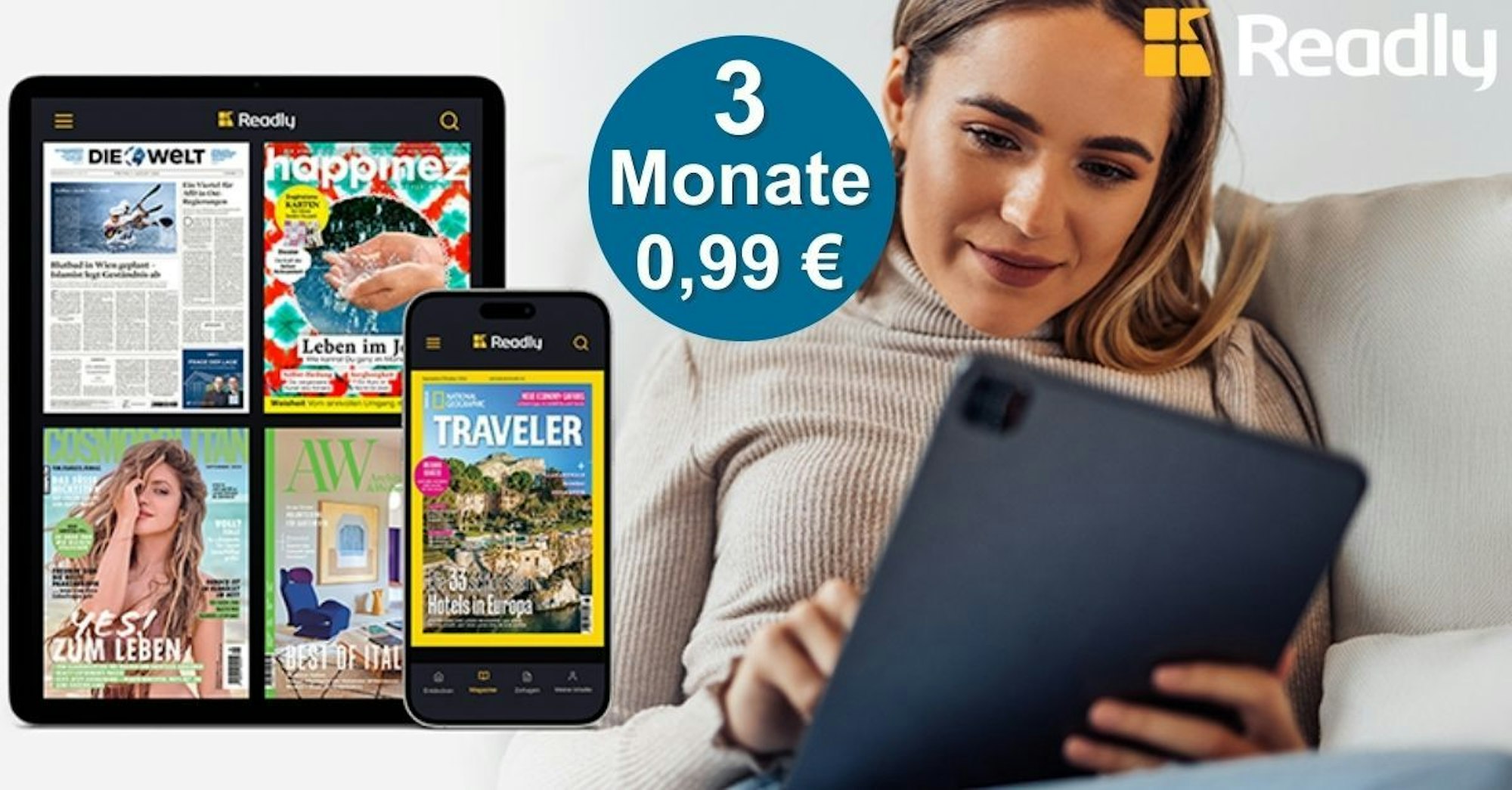 Eine junge Frau hält ein Tablet in den Händen, daneben sieht man die Readly App auf einem Display mit verschiedenen Zeitschriften wie Die Welt, Cosmopolitan, Traveler und mehr zeigt.