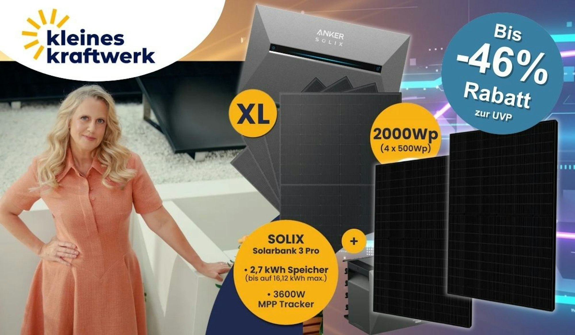 Barbara Schöneberger neben Kleines Kraftwerk Balkonkraftwerk mit Anker Solix Solarbank 3 Pro und Solar-Panelen.