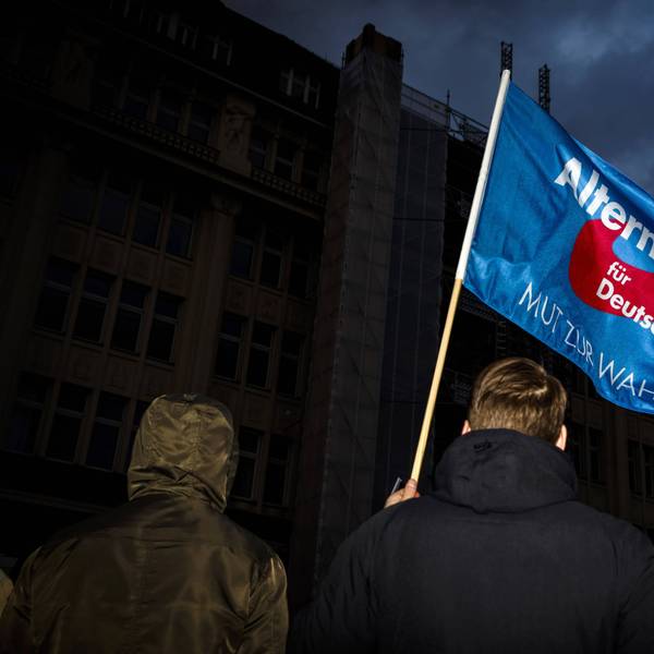 Ein Teilnehmer einer Demonstration der Partei AfD schwenkt eine Fahne