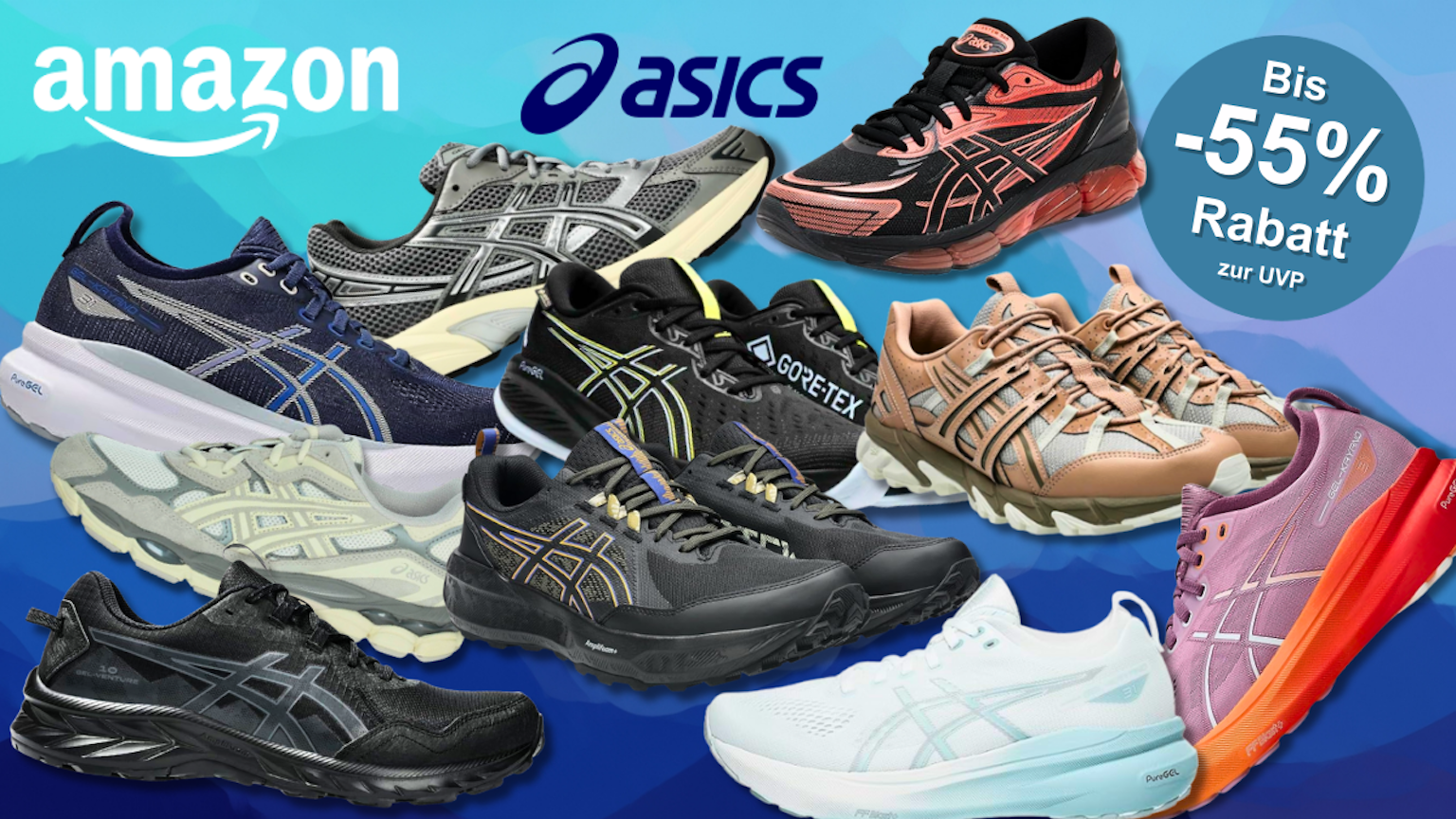 Eine Darstellung farbenfroher ASICS-Sneaker vor einem abstrakten, wellenförmigen Hintergrund in Blautönen.