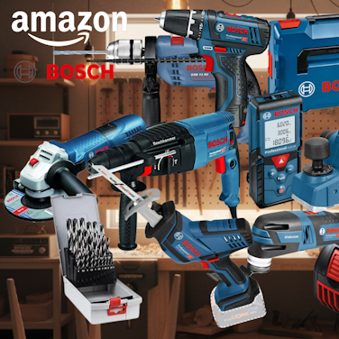 Bosch Professional Werkzeug vor schwarzem Hintergrund. Dabei Akkubohrschrauber, Laser Entfernungsmesser, Hammer, Schlagbohrmaschine, Winkelschleifer, Werkzeugkoffer, Säbelsäge, Elektrohobel.