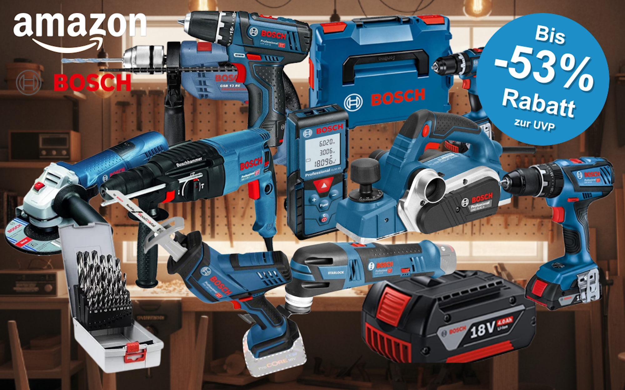 Bosch Professional Werkzeug vor schwarzem Hintergrund. Dabei Akkubohrschrauber, Laser Entfernungsmesser, Hammer, Schlagbohrmaschine, Winkelschleifer, Werkzeugkoffer, Säbelsäge, Elektrohobel.