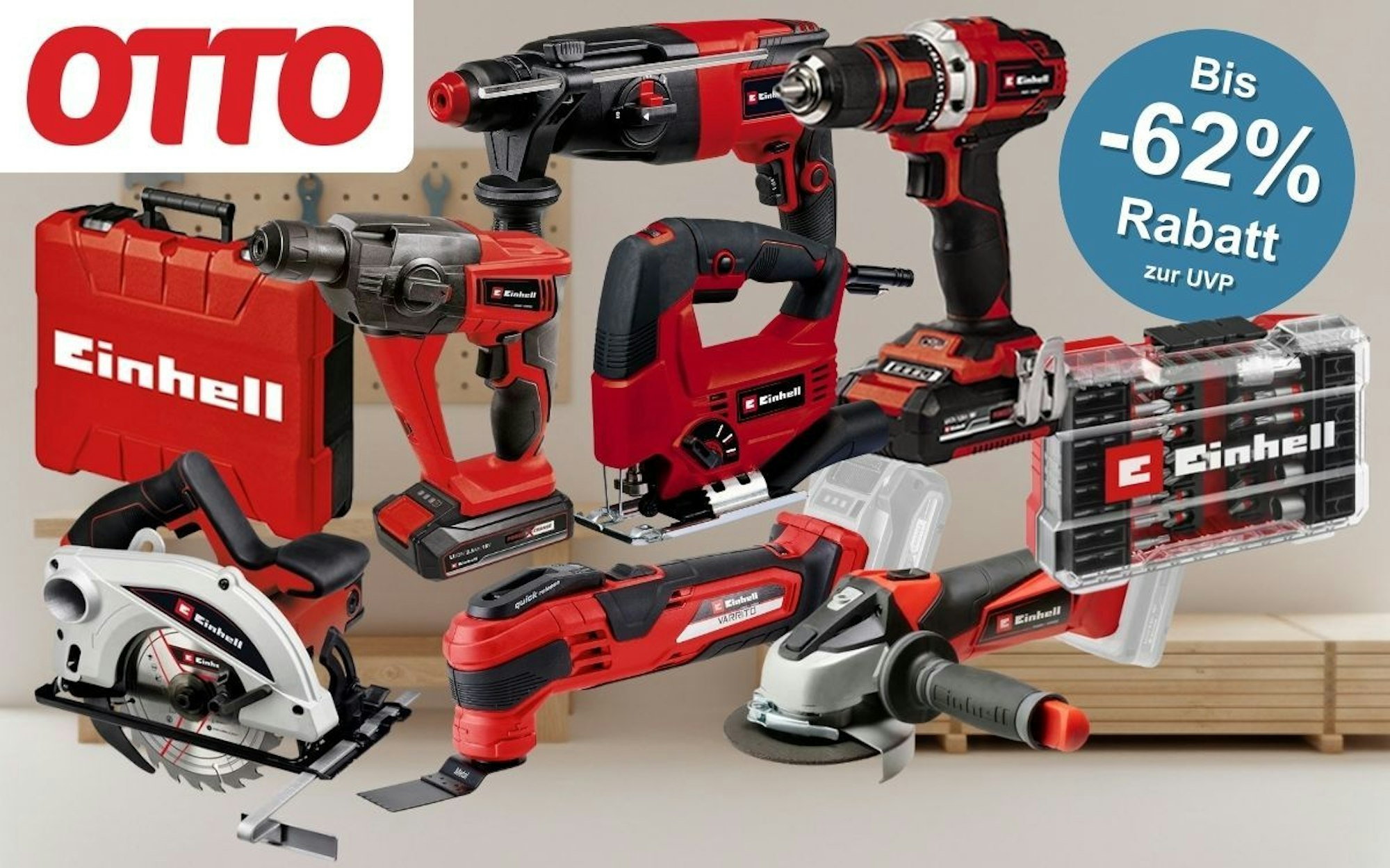 Produktbild mit verschiedenen Einhell Werkzeugen wie Akku-Bohrschraubern, Winkelschleifern, Stichsägen und Zubehör sowie OTTO-Sale-Hinweis mit bis zu 62 % Rabatt.