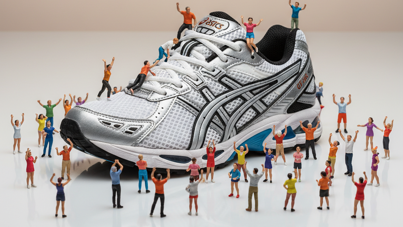 Asics GT-2160 Sneaker in Silber-Weiß-Blau mit vielen kleinen Figuren in Miniaturgröße, die auf ihm herumklettern.