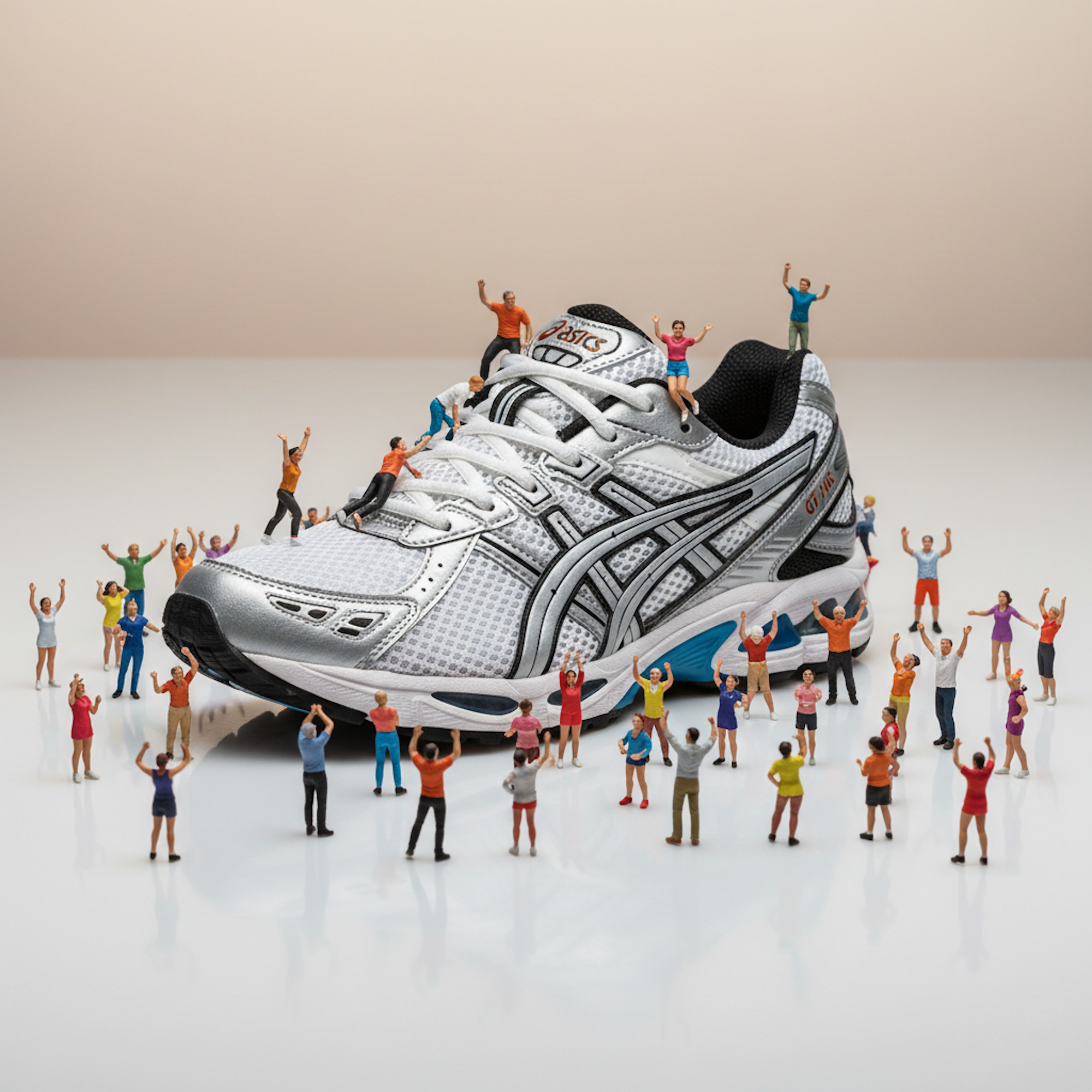 Asics GT-2160 Sneaker in Silber-Weiß-Blau mit vielen kleinen Figuren in Miniaturgröße, die auf ihm herumklettern.