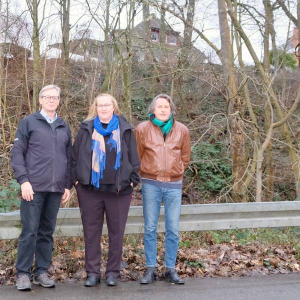 Zwei Männer und eine Frau stehen am Straßenrand, hinter ihnen ragt einen mit Bäumen bewachsener Hang auf.
