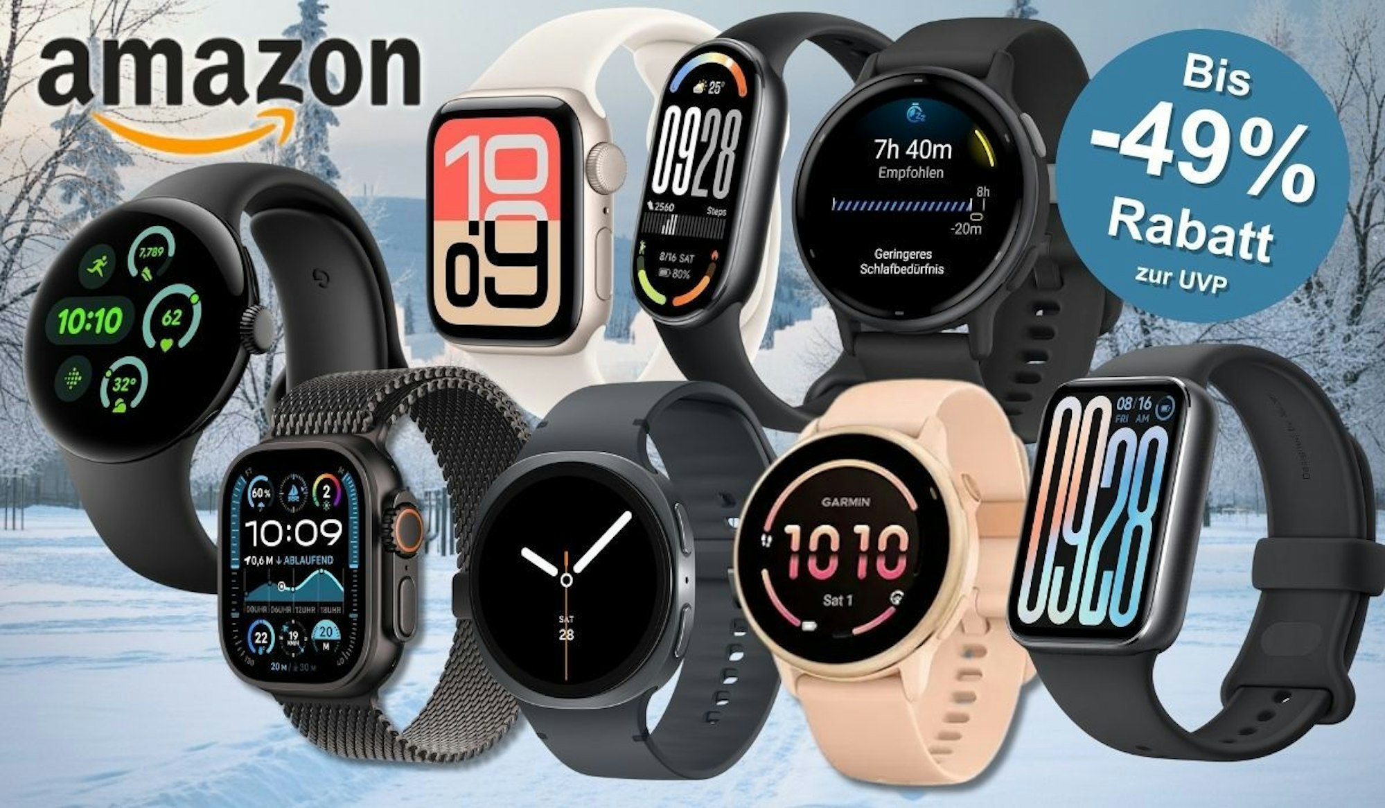 Ein verschneiter Park an einem Wintertag, davor Smartwatches von Apple, Samsung, Garmin, Google, Xiaomi.