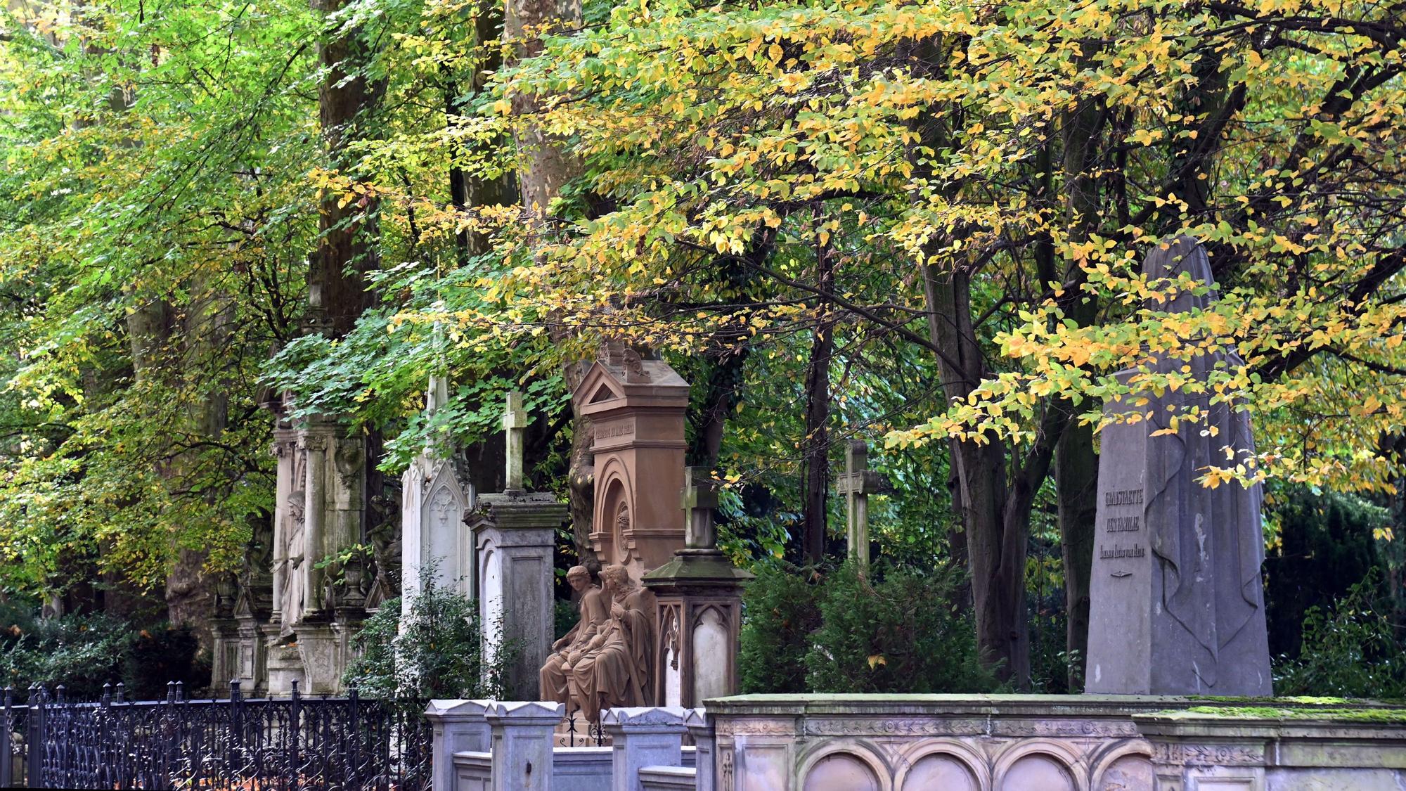 24.10.2025 Köln. Herbst 2025. Allgemeine Aufnahmen des Melatenfriedhof (Friedhof Melaten) in Köln. Im Herbst bietet sich mit den bunten Blättern an den Bäumen auf den Kölner Friedhöfen eine besondere Stimmung. Foto: Alexander Schwaiger