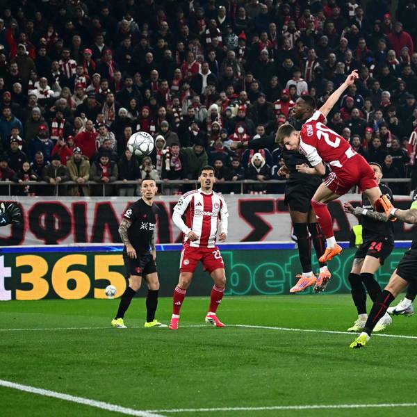 TOPSHOT - Olympiakos' Portuguese defender #20 Costinha heads the ball and score his team's first goal during the during the UEFA Champions League, league phase day 7, football match between Olympiakos and Bayer Leverkusen at the Georgios Karaiskakis Stadium in Piraeus, near Athens, on January 20, 2026. (Photo by Aggelos NAKKAS / AFP)