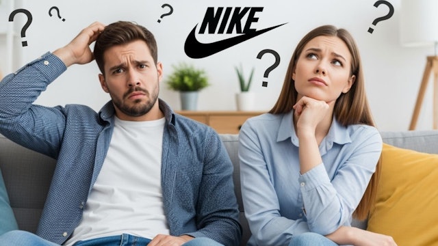 Ein Mann und eine Frau sitzen nachdenklich auf einer Couch, zwischen ihnen das Nike-Logo und Fragezeichen über ihren Köpfen.