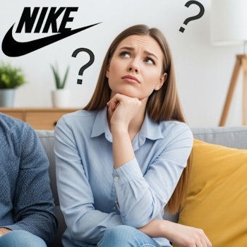 Ein Mann und eine Frau sitzen nachdenklich auf einer Couch, zwischen ihnen das Nike-Logo und Fragezeichen über ihren Köpfen.