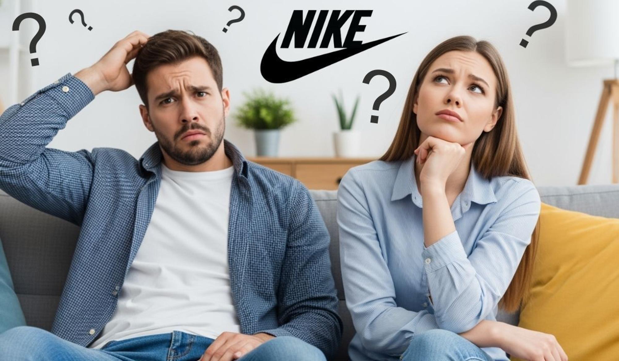 Ein Mann und eine Frau sitzen nachdenklich auf einer Couch, zwischen ihnen das Nike-Logo und Fragezeichen über ihren Köpfen.