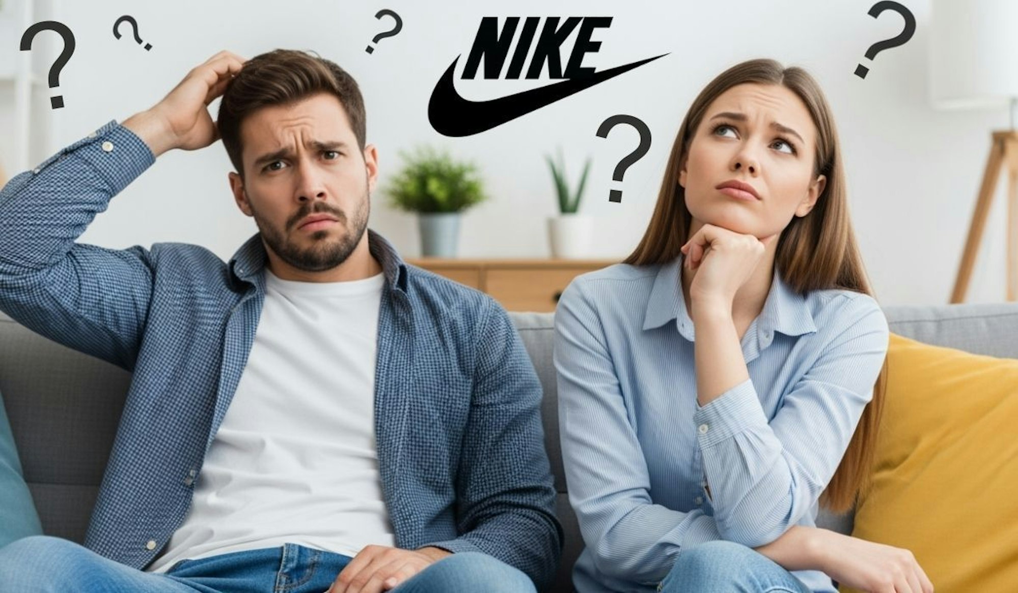 Ein Mann und eine Frau sitzen nachdenklich auf einer Couch, zwischen ihnen das Nike-Logo und Fragezeichen über ihren Köpfen.