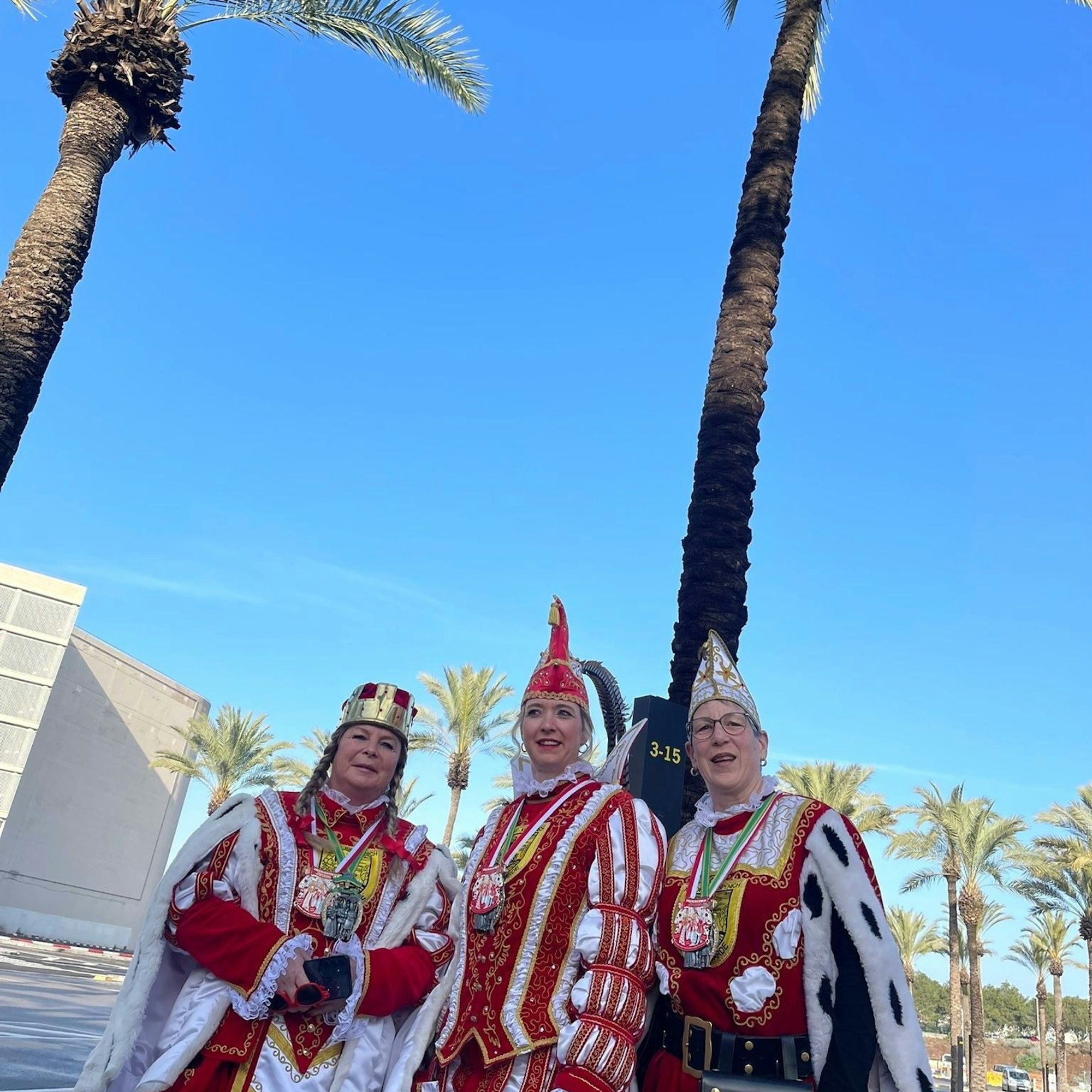 Ein Dreigestirn steht vor Palmen. Der Himmel ist blau.