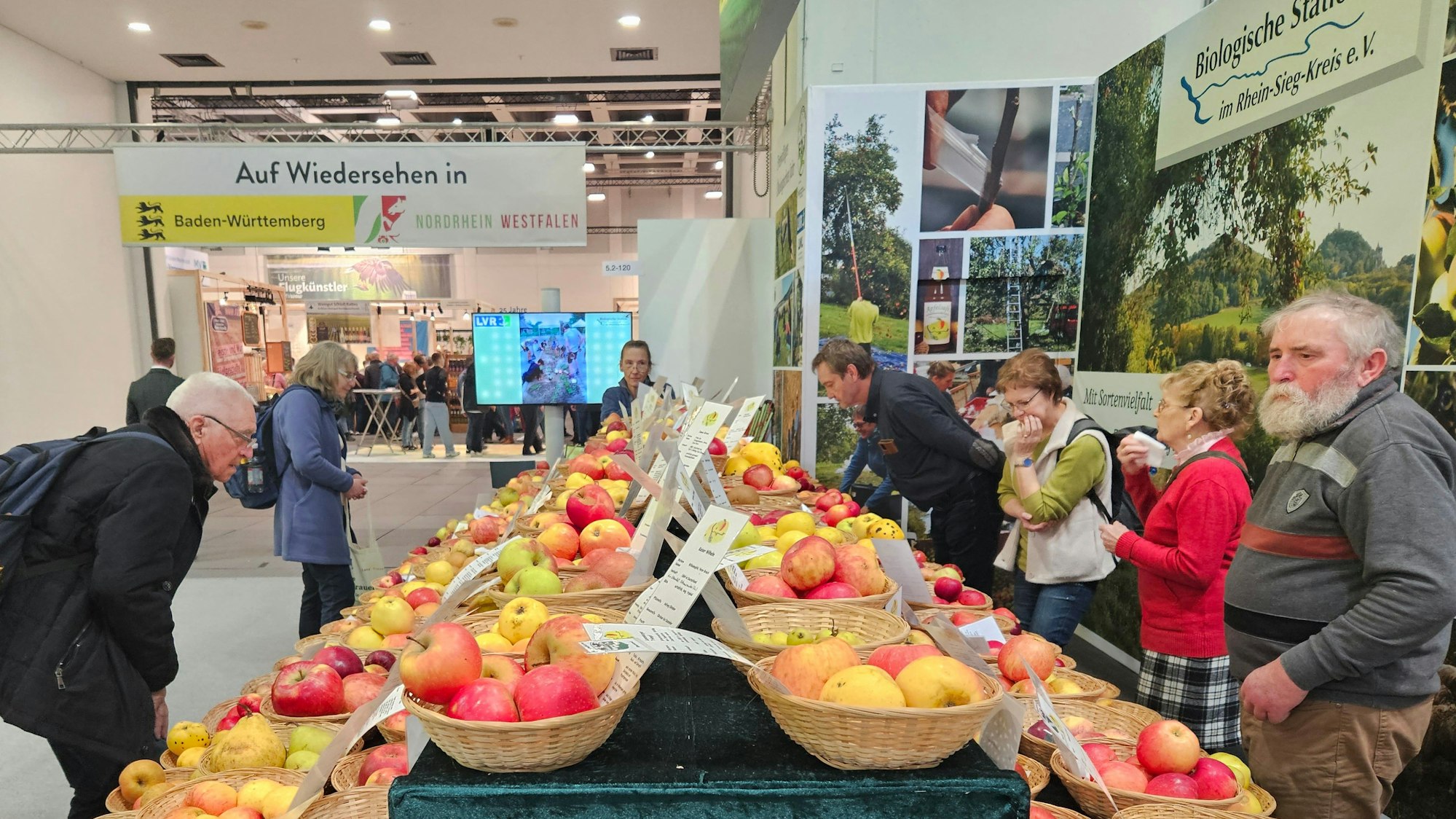 Der Stand der Biostation Rhein-Sieg auf der Grüne Woche Berlin, am Kopfende Barbara Bouillon.