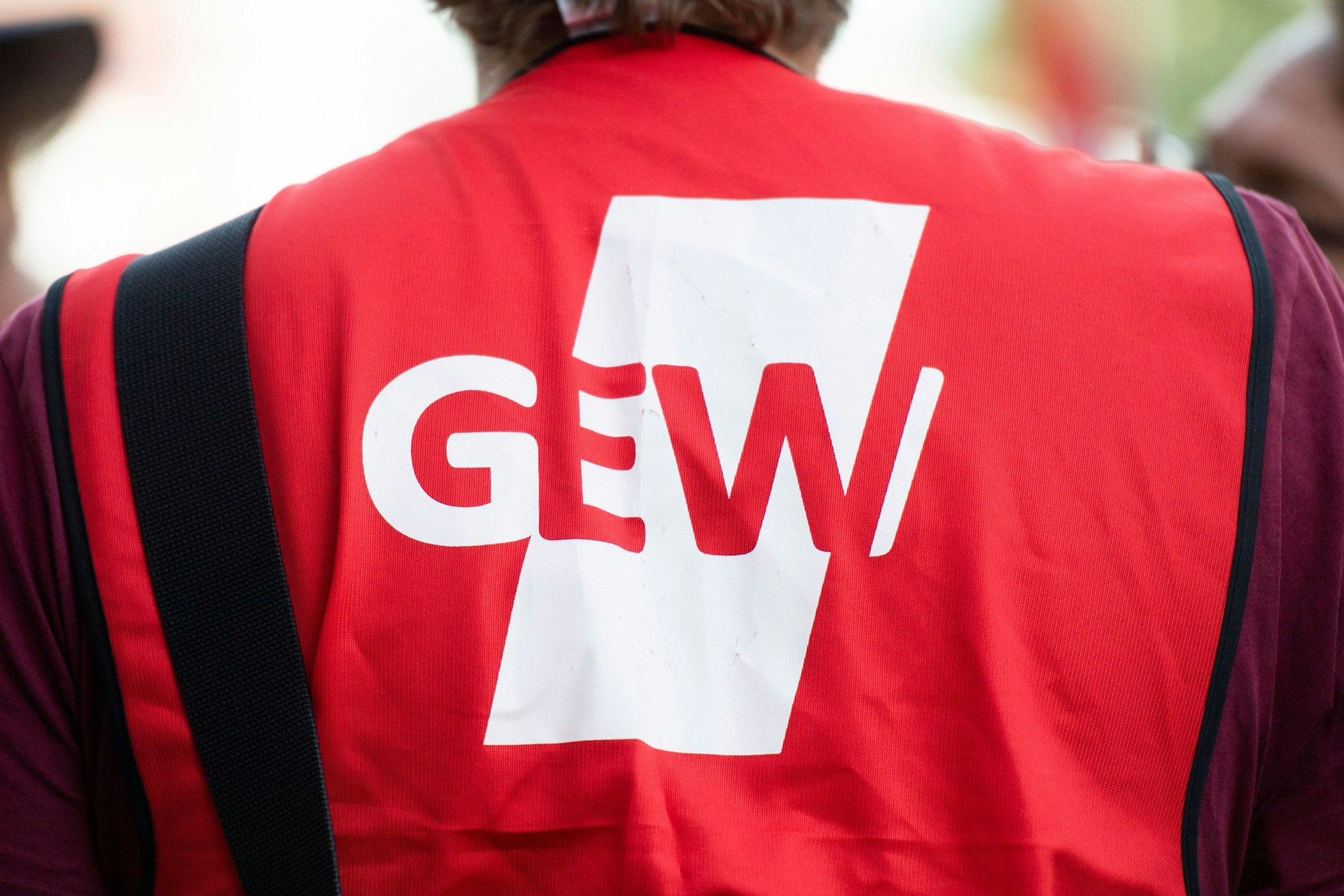 Ein Teilnehmer einer Demonstration der Gewerkschaft Erziehung und Wissenschaft (GEW) trägt eine Weste mit dem GEW-Logo. (Symbolbild)