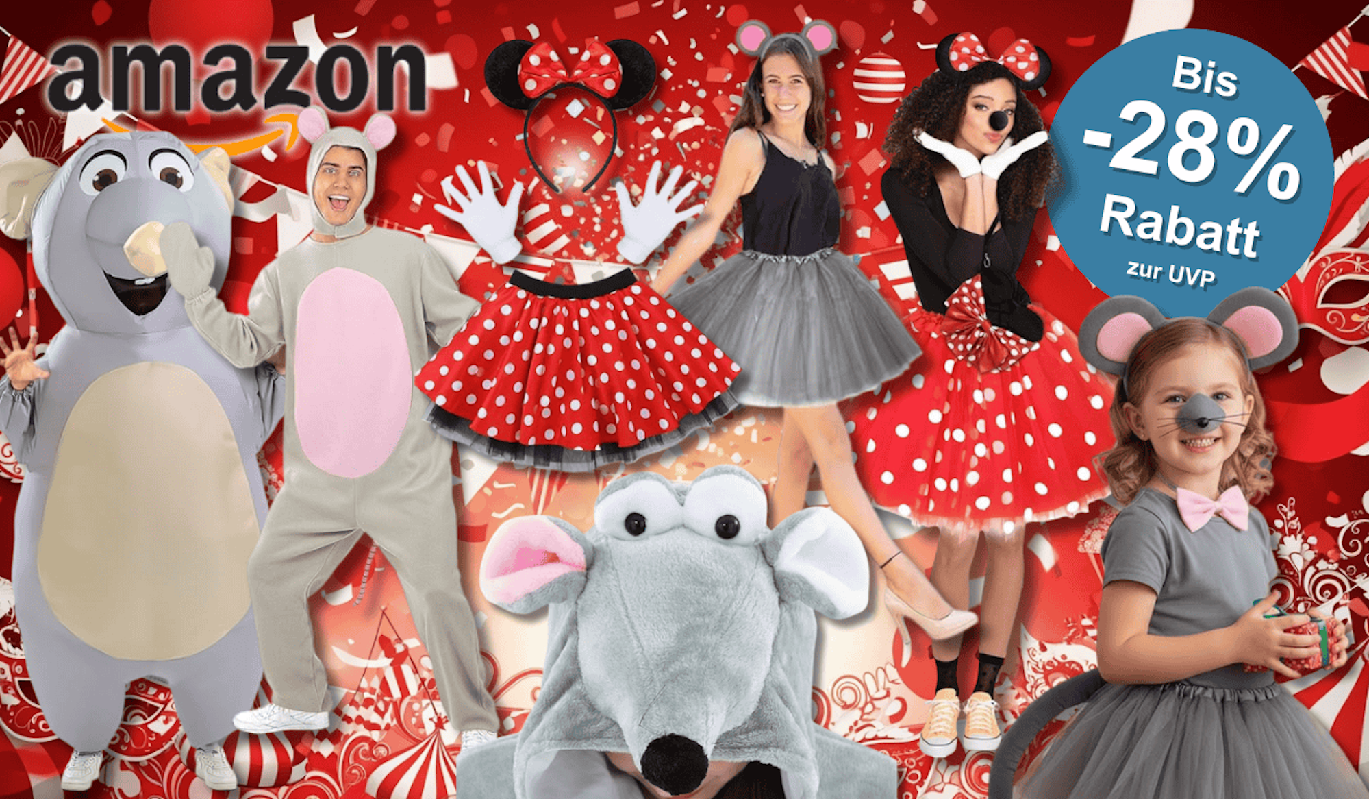 Verschieden Männer und Frauen Models in Karnevalsmaus-Kostümen.