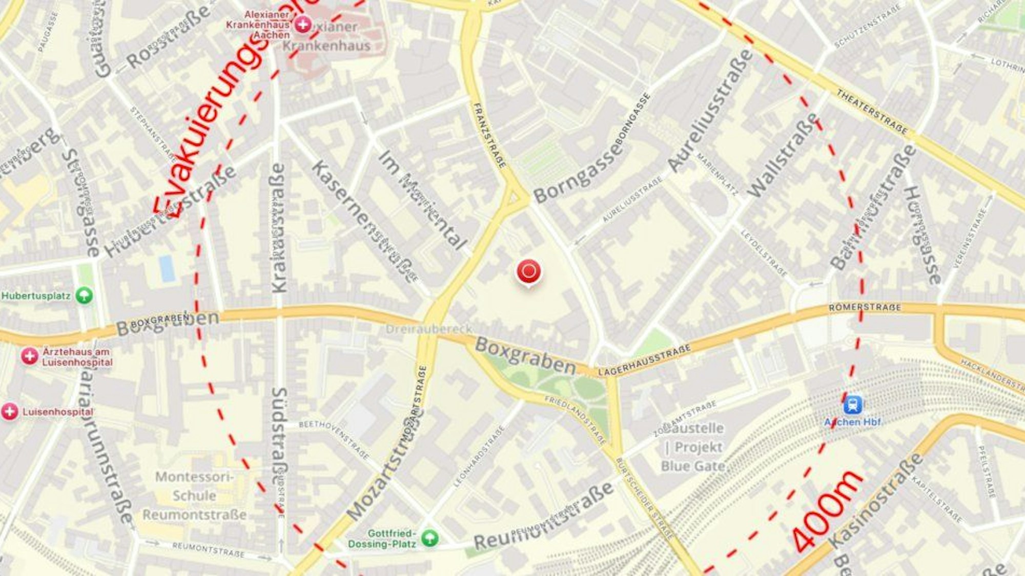 Das Handout zeigt den Evakuierungsradius in der Aachener Innenstadt.