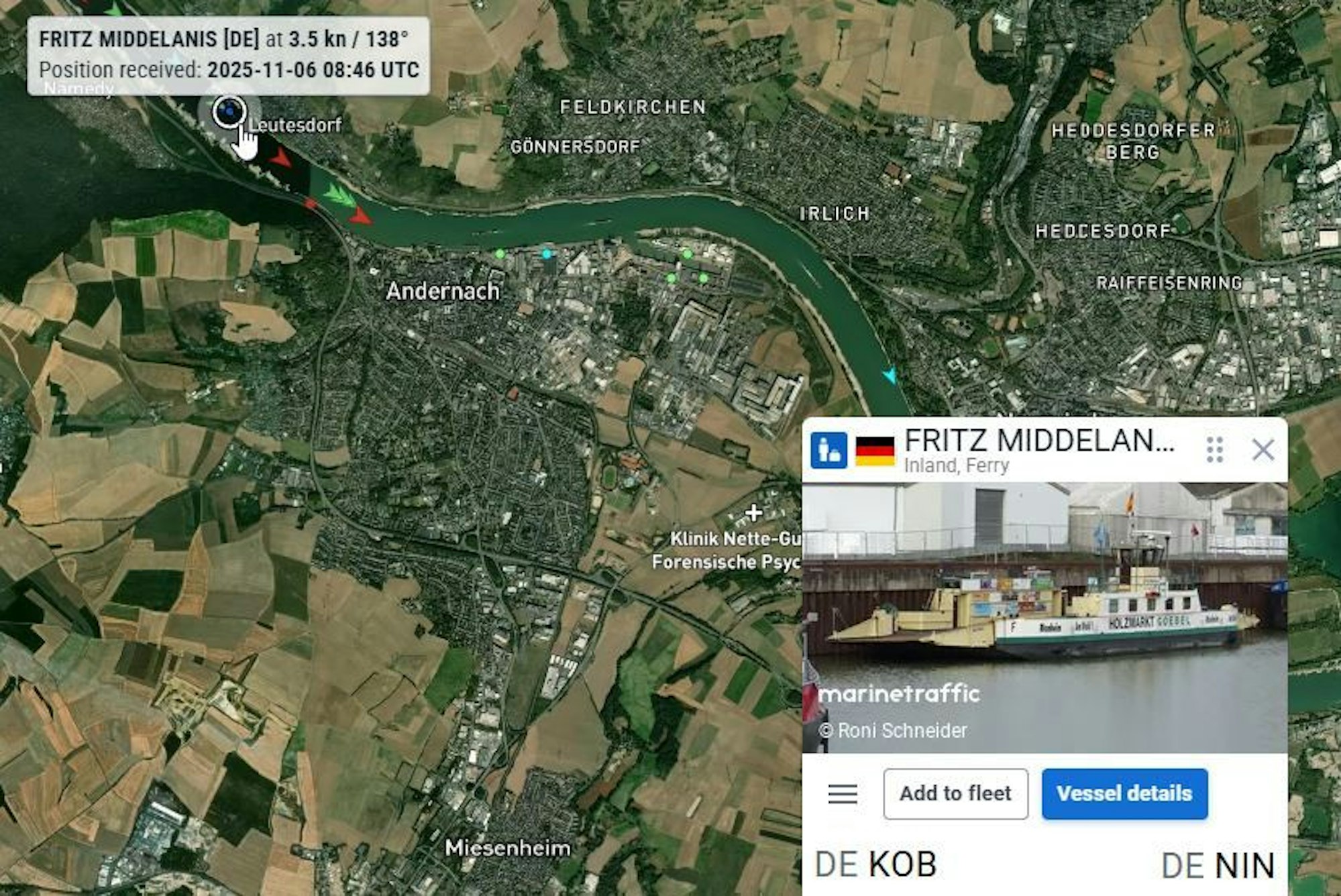 Letzter Standort vor Andernach: Die Fähre Fritz Middelanis auf Marinetraffic.com Screenshot: Ralf Krieger