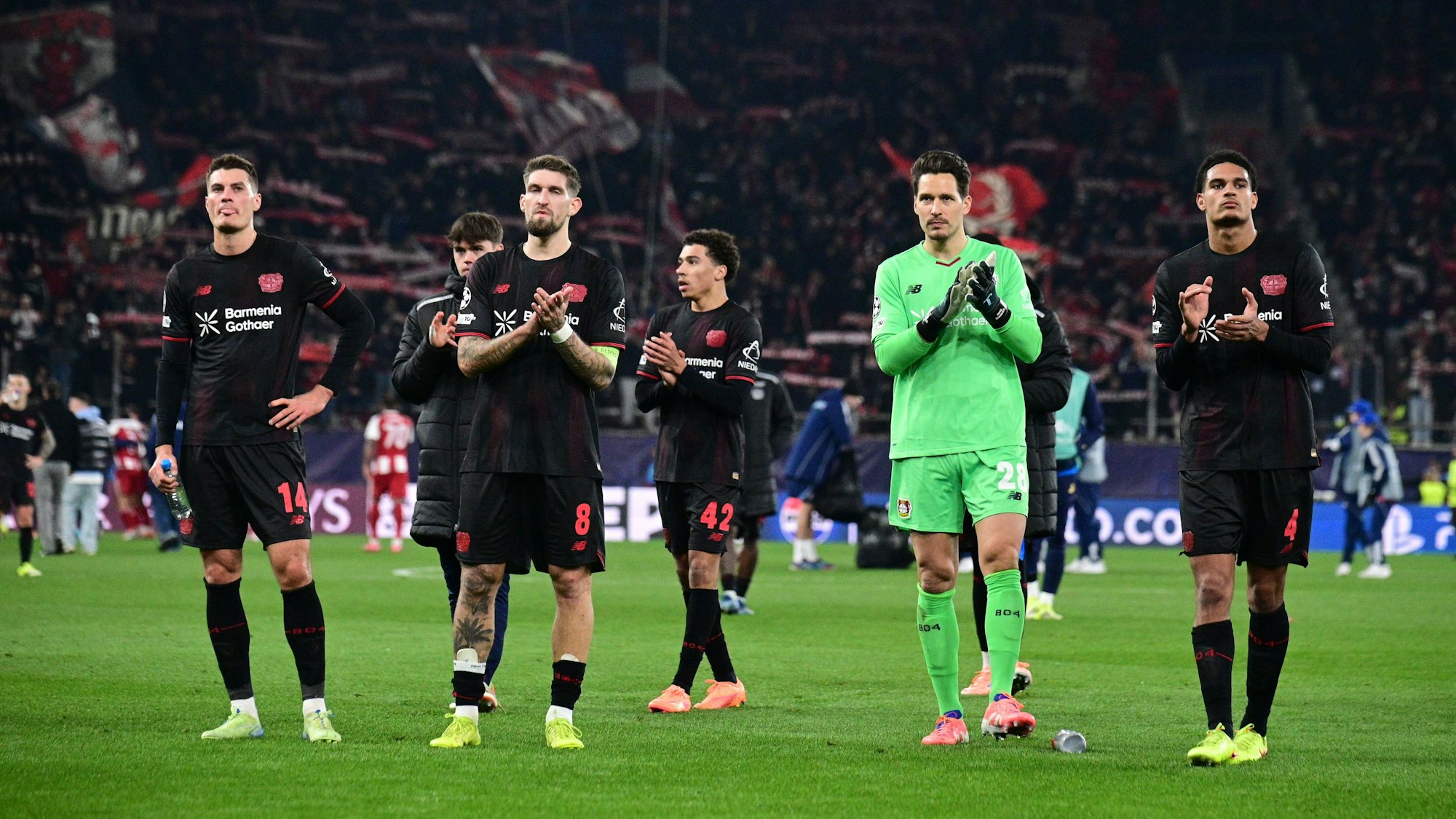 UEFA Champions League, Olympiacos FC vs Bayer 04 Leverkusen - Players of Leverkusen react at the end of the UEFA Champions League league phase matchday 7 soccer match betweenOlympiacos and Leverkusen held at Georgios Karaiskakis Stadium in Piraeus, Greece, 20 January 2025. IMAGO/ONE INCH PRODUCTIONS PIRAEUS Greece Copyright: xOnexInchxProductionsx 6819504