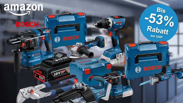 Bosch Professional Werkzeug vor schwarzem Hintergrund. Dabei Akkubohrschrauber, Laser Entfernungsmesser, Hammer, Schlagbohrmaschine, Winkelschleifer, Werkzeugkoffer, Säbelsäge, Elektrohobel.