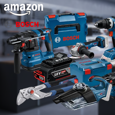 Bosch Professional Werkzeug vor schwarzem Hintergrund. Dabei Akkubohrschrauber, Laser Entfernungsmesser, Hammer, Schlagbohrmaschine, Winkelschleifer, Werkzeugkoffer, Säbelsäge, Elektrohobel.