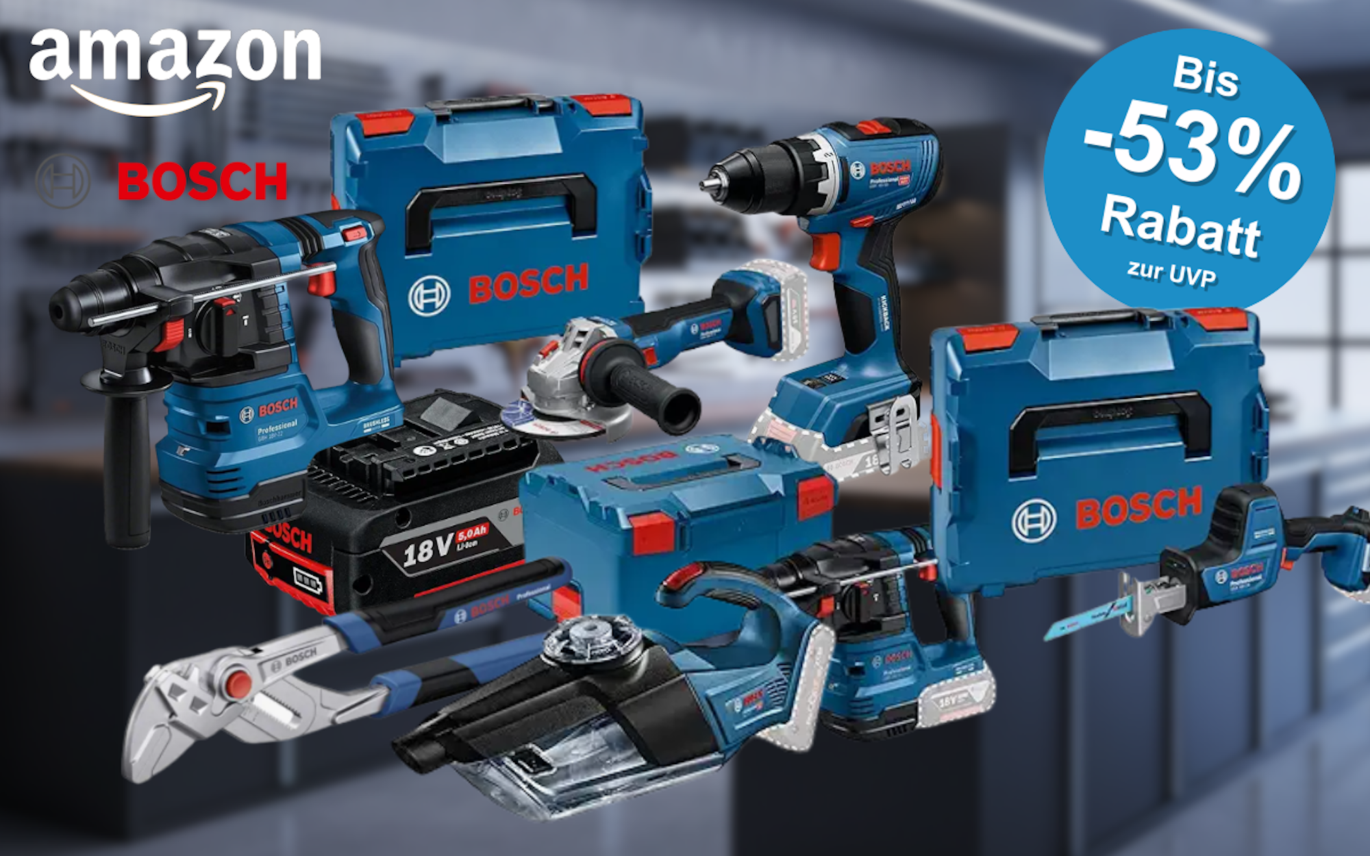Bosch Professional Werkzeug vor schwarzem Hintergrund. Dabei Akkubohrschrauber, Laser Entfernungsmesser, Hammer, Schlagbohrmaschine, Winkelschleifer, Werkzeugkoffer, Säbelsäge, Elektrohobel.