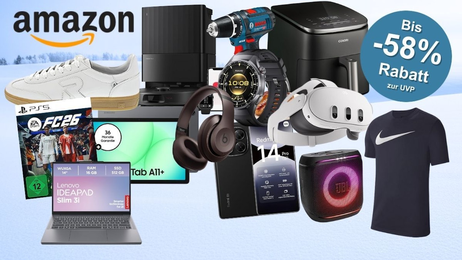 Bildhintergrund mit Winterlandschaft und Baumreihen in der Ferne, davor Produkte aus Technik, Mode oder Haushalts. Mit dabei Bosch Professional Akkubohrschrauber, PS5 Spiel EA FC 26, Rieker Sneaker, Xiaomi Redmi Smartphone, JBL Box, Samsung Galaxy Tab , Cosori Airfryer, Meta Quest VR Brille, nike Shirt, Roborock Staubsaugerroboter.