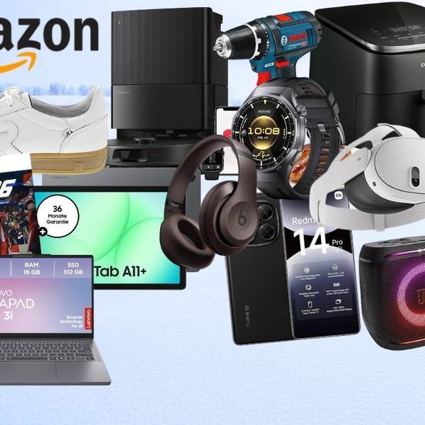 Bildhintergrund mit Winterlandschaft und Baumreihen in der Ferne, davor Produkte aus Technik, Mode oder Haushalts. Mit dabei Bosch Professional Akkubohrschrauber, PS5 Spiel EA FC 26, Rieker Sneaker, Xiaomi Redmi Smartphone, JBL Box, Samsung Galaxy Tab , Cosori Airfryer, Meta Quest VR Brille, nike Shirt, Roborock Staubsaugerroboter.