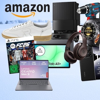 Bildhintergrund mit Winterlandschaft und Baumreihen in der Ferne, davor Produkte aus Technik, Mode oder Haushalts. Mit dabei Bosch Professional Akkubohrschrauber, PS5 Spiel EA FC 26, Rieker Sneaker, Xiaomi Redmi Smartphone, JBL Box, Samsung Galaxy Tab , Cosori Airfryer, Meta Quest VR Brille, nike Shirt, Roborock Staubsaugerroboter.