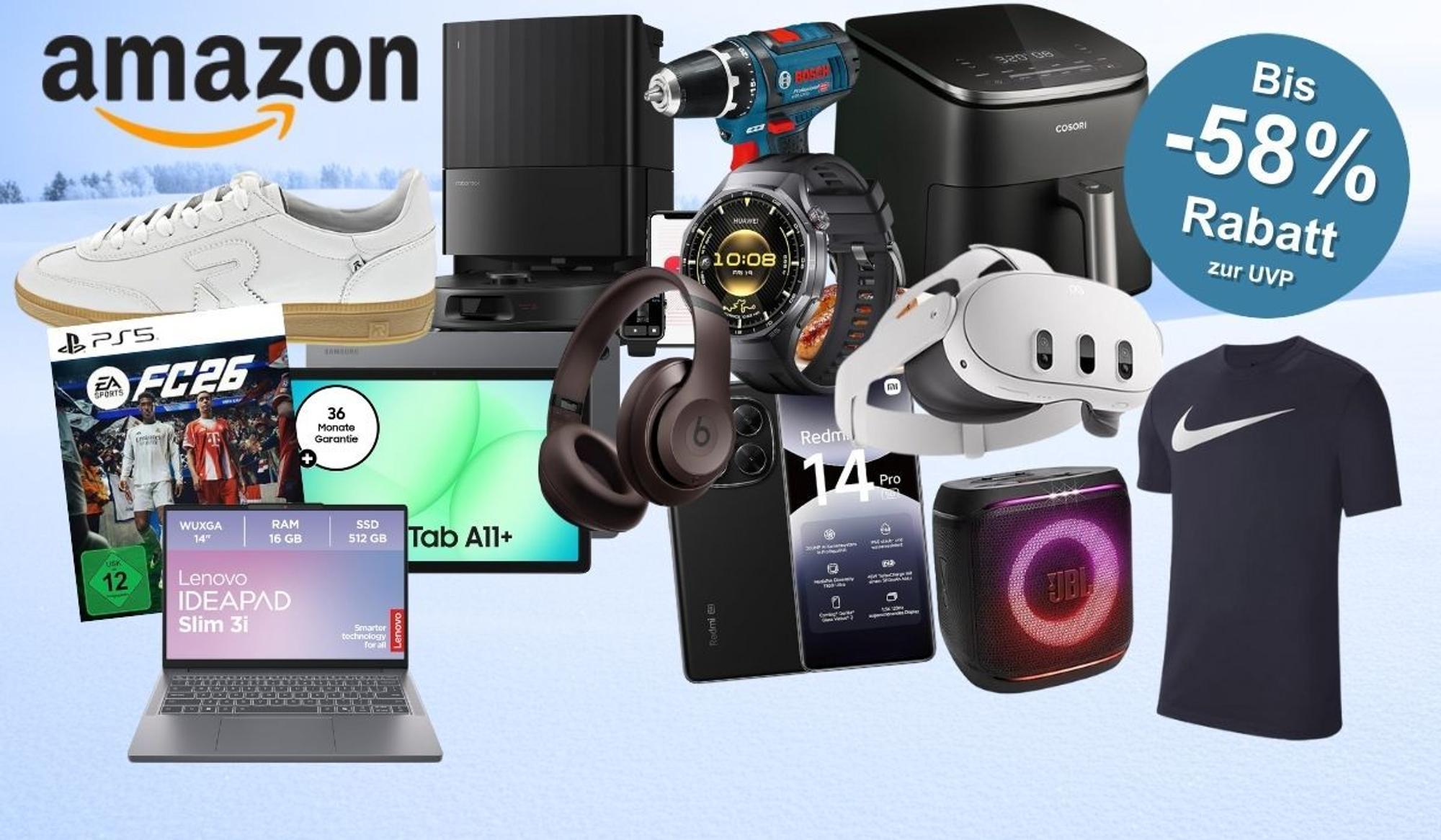 Bildhintergrund mit Winterlandschaft und Baumreihen in der Ferne, davor Produkte aus Technik, Mode oder Haushalts. Mit dabei Bosch Professional Akkubohrschrauber, PS5 Spiel EA FC 26, Rieker Sneaker, Xiaomi Redmi Smartphone, JBL Box, Samsung Galaxy Tab , Cosori Airfryer, Meta Quest VR Brille, nike Shirt, Roborock Staubsaugerroboter.