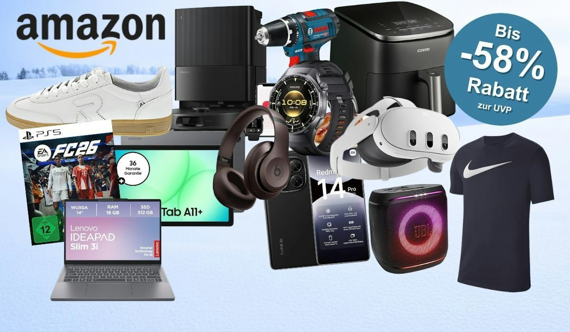 Bildhintergrund mit Winterlandschaft und Baumreihen in der Ferne, davor Produkte aus Technik, Mode oder Haushalts. Mit dabei Bosch Professional Akkubohrschrauber, PS5 Spiel EA FC 26, Rieker Sneaker, Xiaomi Redmi Smartphone, JBL Box, Samsung Galaxy Tab , Cosori Airfryer, Meta Quest VR Brille, nike Shirt, Roborock Staubsaugerroboter.