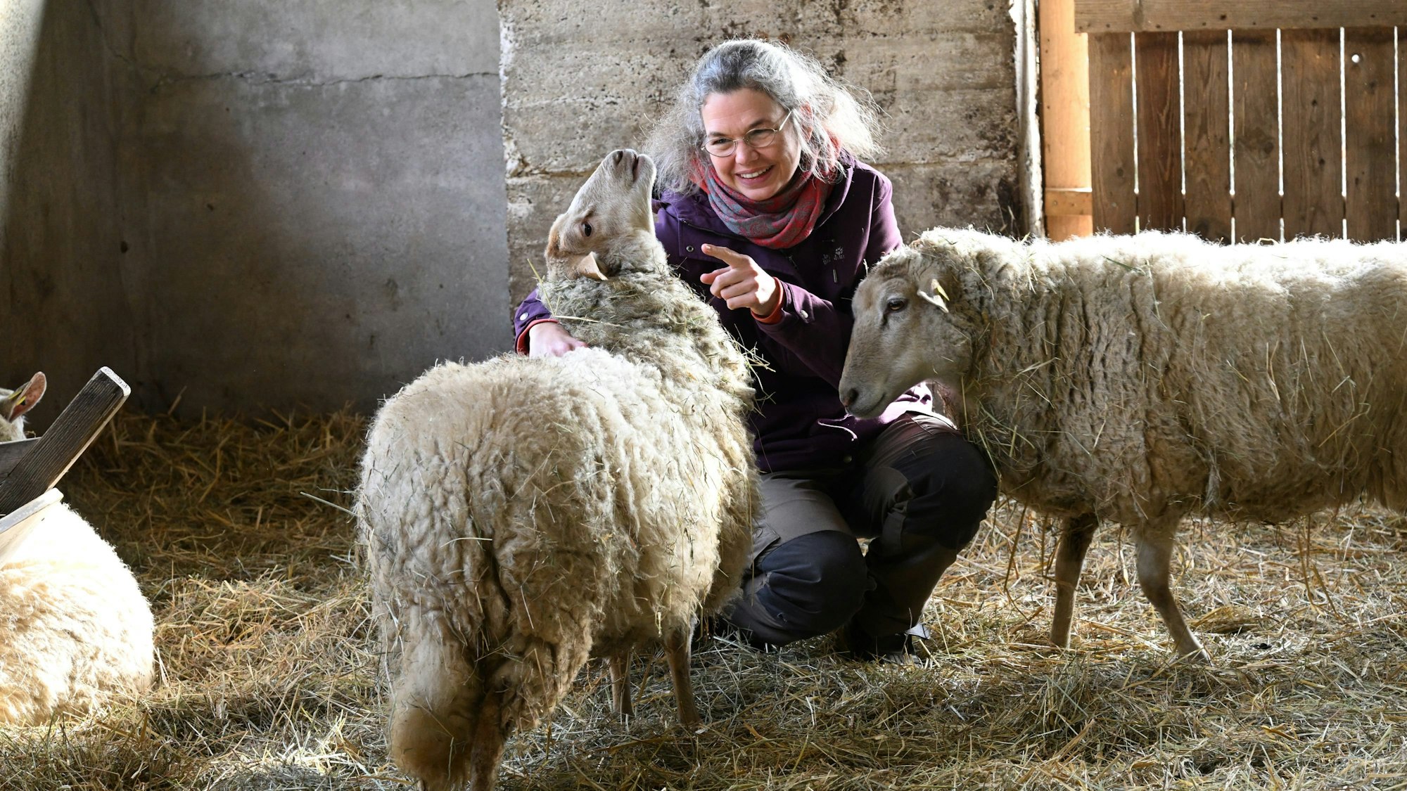 Eine lächelnde Frau hockt im Stall zwischen zwei wolligen Schafen, die sich an sie drängen.