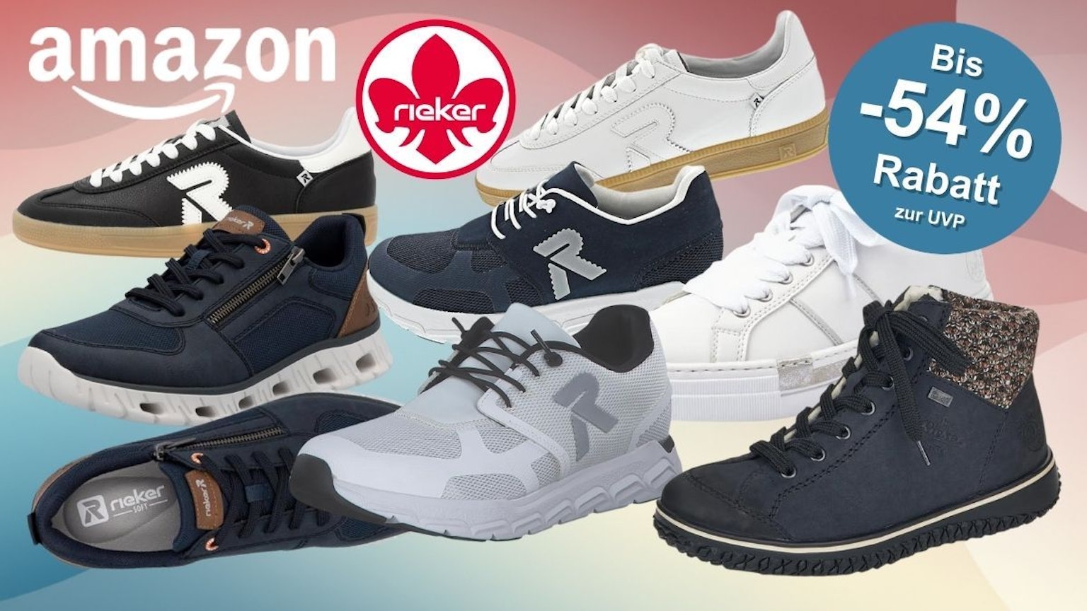 Rieker Sneaker, Stiefel und Halbschuhe für Damen und Herren vor einem bunten Hintergrund.