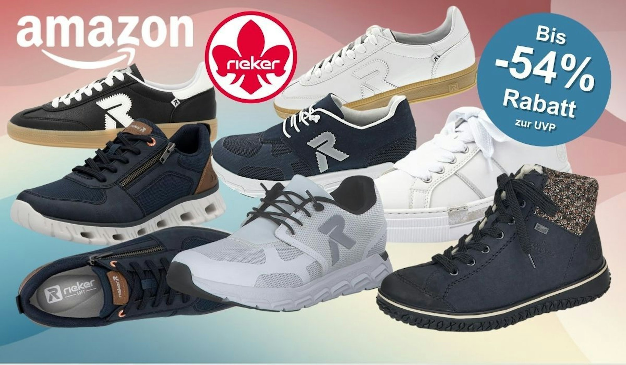 Rieker Sneaker, Stiefel und Halbschuhe für Damen und Herren vor einem bunten Hintergrund.