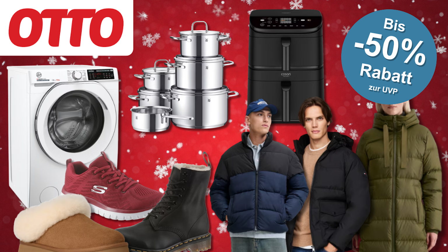 Eine Collage verschiedener Produkte wie Waschmaschine, Airfryer, Kleidung und Schuhe vor einem roten Hintergrund.