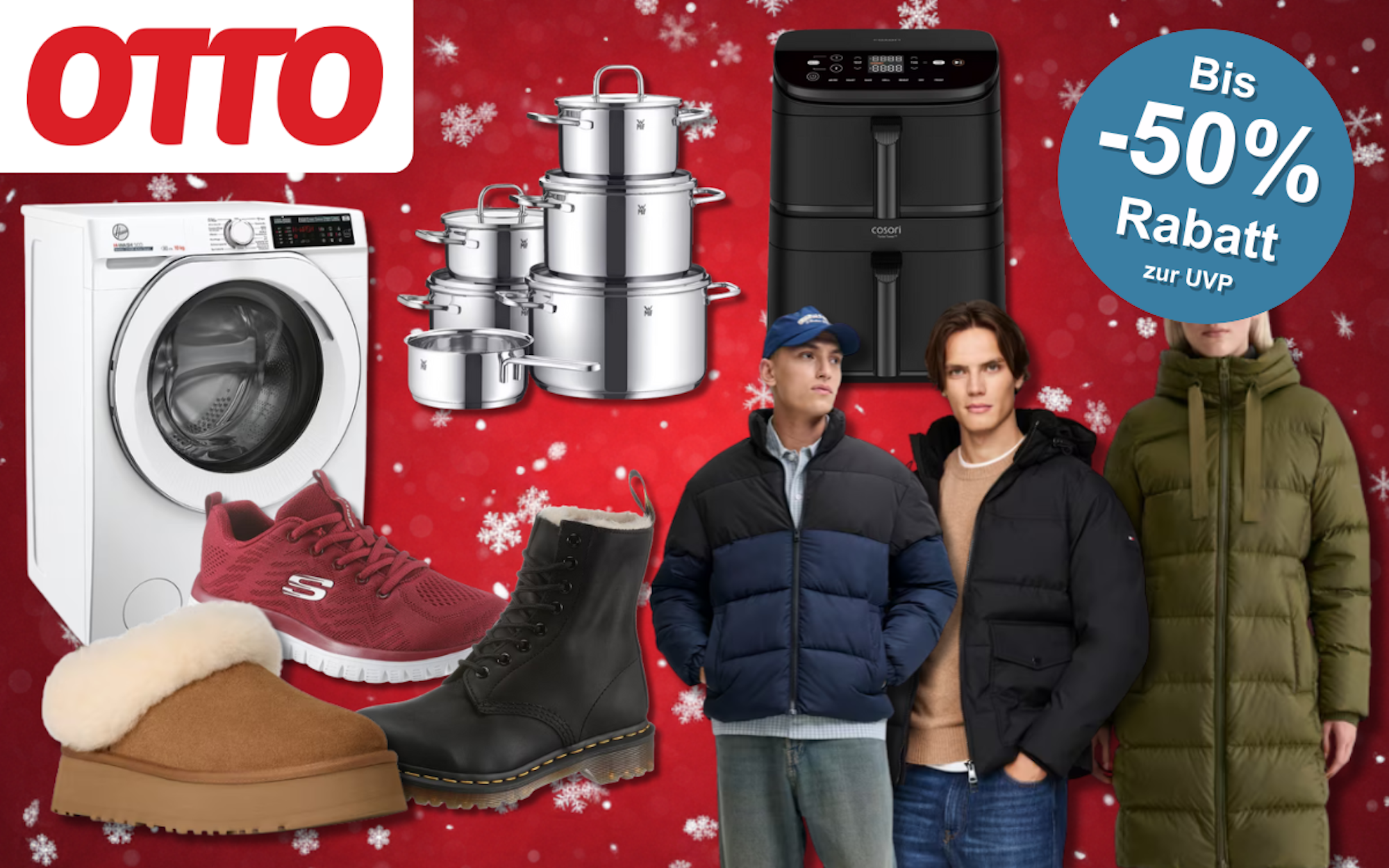 Eine Collage verschiedener Produkte wie Waschmaschine, Airfryer, Kleidung und Schuhe vor einem roten Hintergrund.