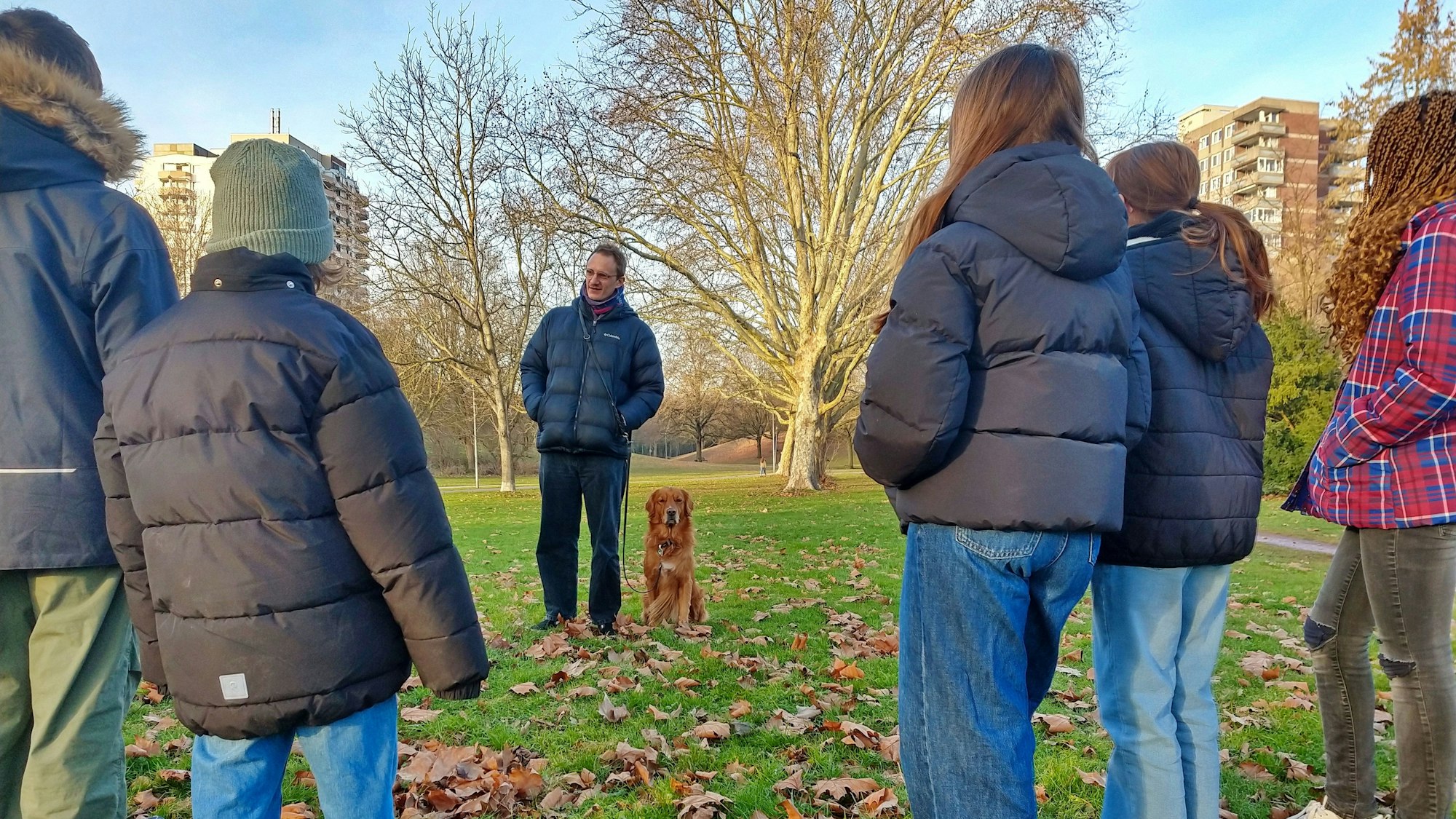 Golden Retriever Toni ist seit Sommer als Schulhund in der Europaschule im Einsatz. Lehrer Tom Kößling geht mit seinem Projektkurs auch in den benachbarten Vorgebirgspark.