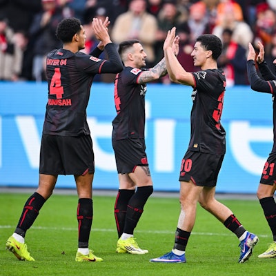 24.01.2026, Fussball, 1. Bundesliga, 19. Spieltag Saison 2025/2026, Bayer Leverkusen - SV Werder Bremen, Lucas Vazquez Bayer Leverkusen freut sich über das Tor zum 1:0 mit Ibrahim Maza Bayer Leverkusen xRHR-FOTO/TKx *** 24 01 2026, Soccer, 1 Bundesliga, Matchday 19 Season 2025 2026, Bayer Leverkusen SV Werder Bremen, Lucas Vazquez Bayer Leverkusen celebrates the 1-0 goal with Ibrahim Maza Bayer Leverkusen xRHR PHOTO TKx Copyright: RHR-FOTOx RHR-FOTO/TK