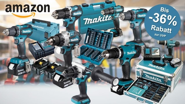 Makita Akku-Bohrschrauber und Akku-Schlagbohrschrauber vor einem Baumarkt mit Regalen und Werkzeugen im Hintergrund.