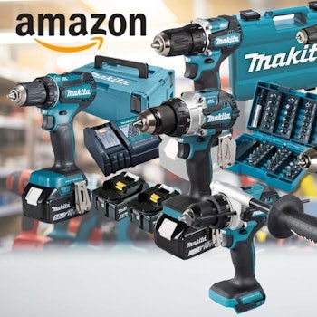 Makita Akku-Bohrschrauber und Akku-Schlagbohrschrauber vor einem Baumarkt mit Regalen und Werkzeugen im Hintergrund.