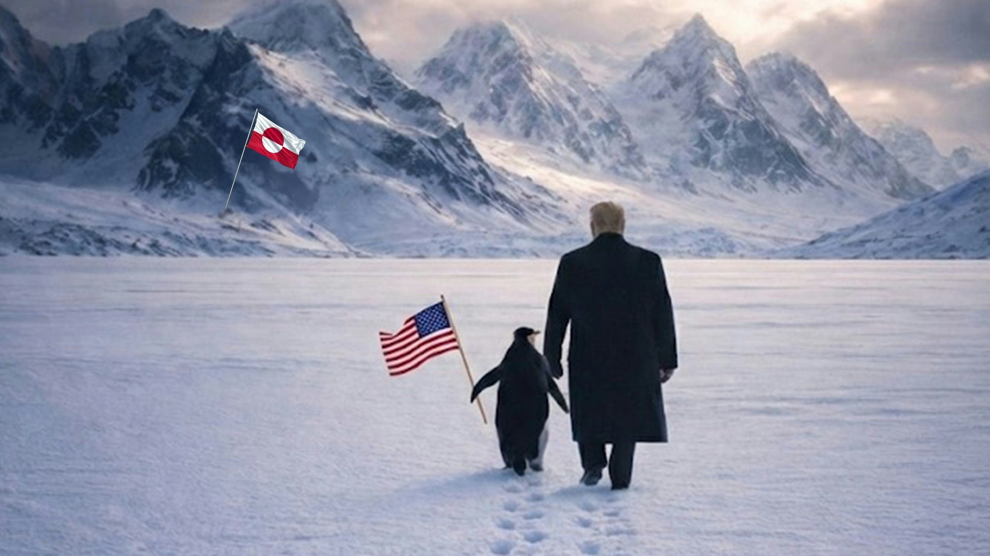 Meme vom Weißen Haus zu Grönland. Trump mit Pinguin an der Hand.