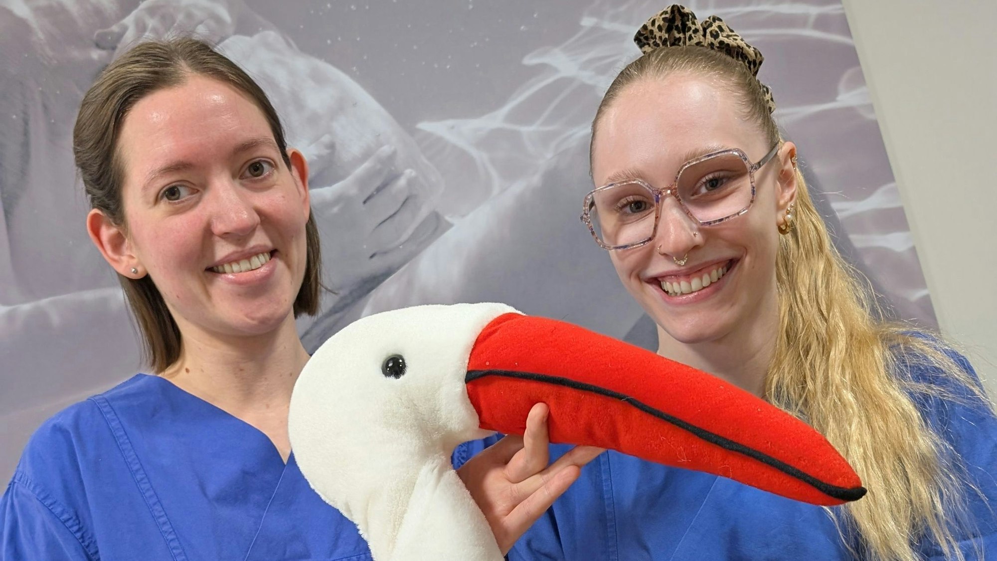 Hebammen mit Plüschstorch.