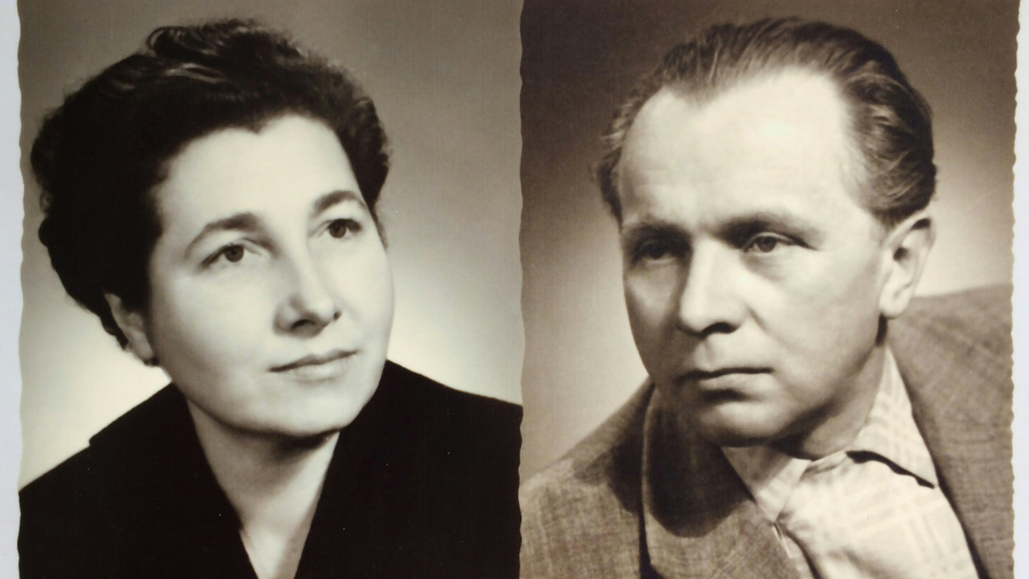 Eva und Willi Neurath sind auf zwei Schwarzweiß-Porträtfotos zu sehen.