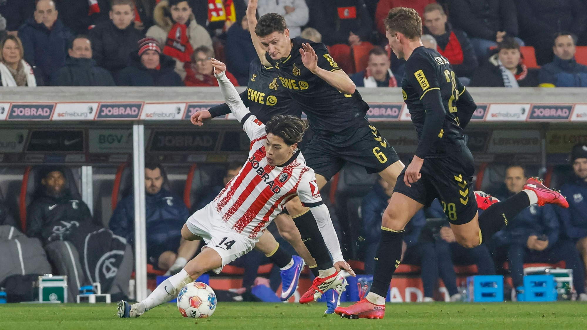 Eric Martel gegen Freiburgs Yuito Suzuki; der Kölner Abwehrspieler kam am Sonntag nur von der Bank.